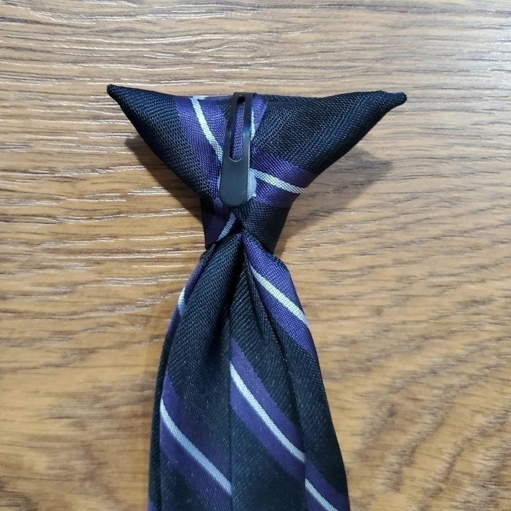 CLIP On Striped Necktie Tie Black Purple Silver Striped Young Boys